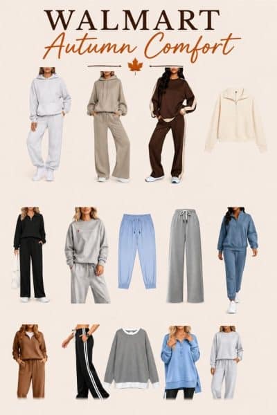 Collage of women’s cozy autumn loungewear sets in muted tones, displayed on models and flat-lay. The text “Walmart Autumn Comfort” is at the top, featuring hoodies, sweatpants, and relaxed sweatsuit styles.