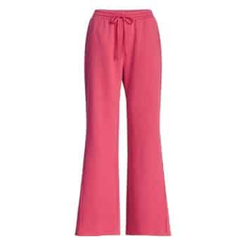 Bright pink, high-waisted, flare-leg pants with a drawstring waistband, displayed against a plain white background.