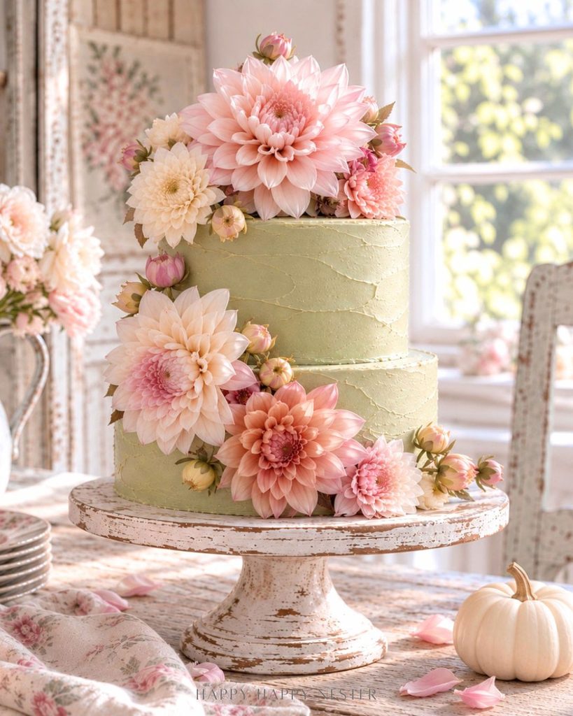 A two-tiered pastel green cake decorated with large pink and white flowers sits on a rustic wooden cake stand in a sunlit, vintage-style room—an elegant centerpiece perfect for those seeking unique fall cake ideas.