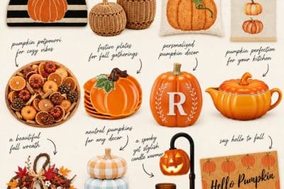 A collage of various pumpkin-themed decor items, including pillows, baskets, wreaths, candles, and ceramic pumpkins, all in autumn colors, displayed with handwritten-style labels describing each product.