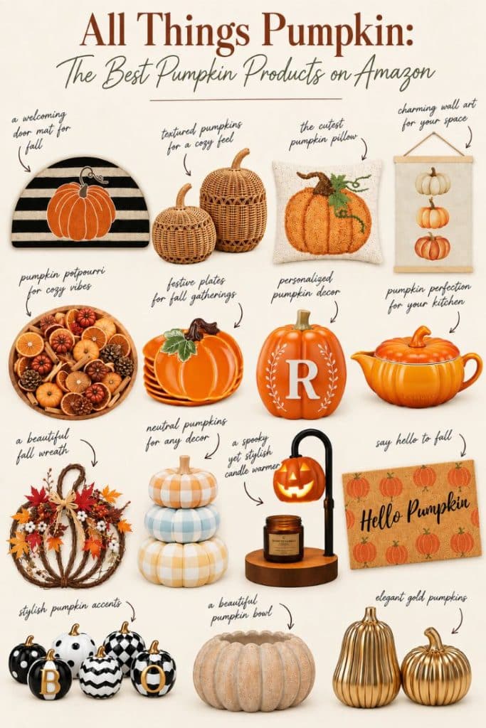 A collage of various pumpkin-themed decor items, including pillows, baskets, wreaths, candles, and ceramic pumpkins, all in autumn colors, displayed with handwritten-style labels describing each product.