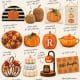 A collage of various pumpkin-themed decor items, including pillows, baskets, wreaths, candles, and ceramic pumpkins, all in autumn colors, displayed with handwritten-style labels describing each product.
