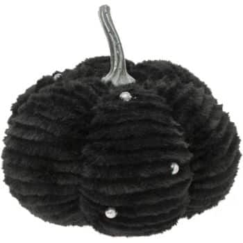 Black faux fur fabric pumpkin with silver stem and decorative accents