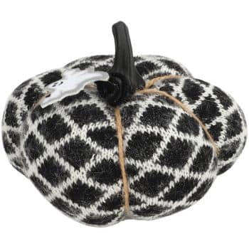 Black and white patterned knit fabric pumpkin with twine and ghost accent