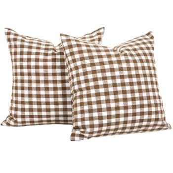 Brown and white gingham check throw pillows with a woven fabric texture.