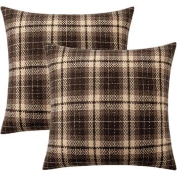 Pair of brown and cream tartan plaid throw pillow covers with a soft woven texture.