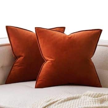 Pair of burnt orange velvet throw pillows styled on a cream sofa.