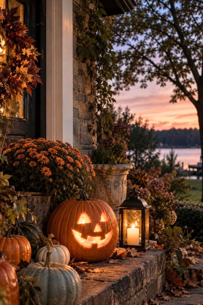 Glowing jack-o'-lantern with pumpkins, fall mums, and a candle lantern on a cozy lakeside porch at sunset.