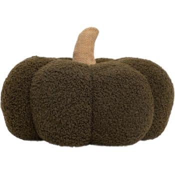 Dark olive brown sherpa pumpkin with a tan fabric stem for cozy fall home decorating.