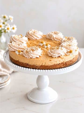Easy no bake pumpkin cheesecake with graham cracker crust, cinnamon whipped cream, and small edible flowers on a white cake stand.