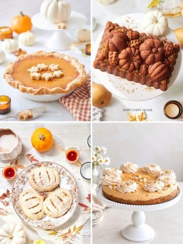 Fall cake ideas and autumn desserts including pumpkin cake, no bake pumpkin cheesecake, pumpkin pie, and pumpkin hand pies.