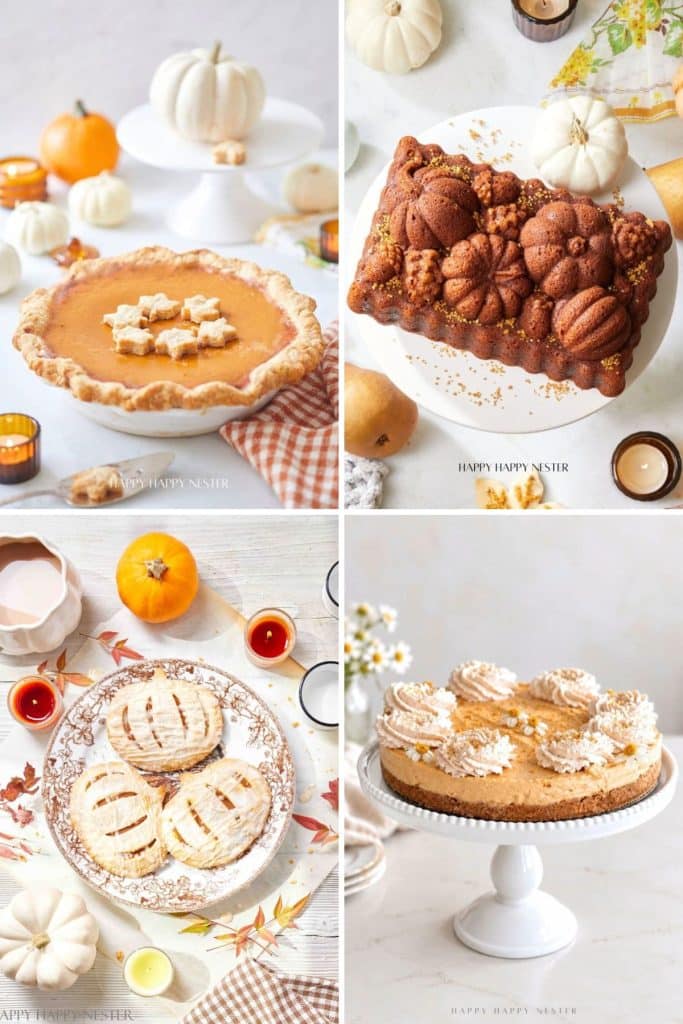 Fall cake ideas and autumn desserts including pumpkin cake, no bake pumpkin cheesecake, pumpkin pie, and pumpkin hand pies.