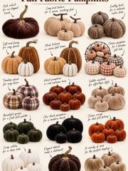 Fall Fabric Pumpkins in orange, green, black, white, brown, plaid, knit, and velvet styles for cozy autumn decorating.