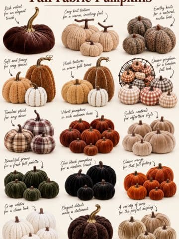 Fall Fabric Pumpkins in orange, green, black, white, brown, plaid, knit, and velvet styles for cozy autumn decorating.