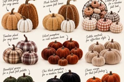 Fall Fabric Pumpkins in orange, green, black, white, brown, plaid, knit, and velvet styles for cozy autumn decorating.