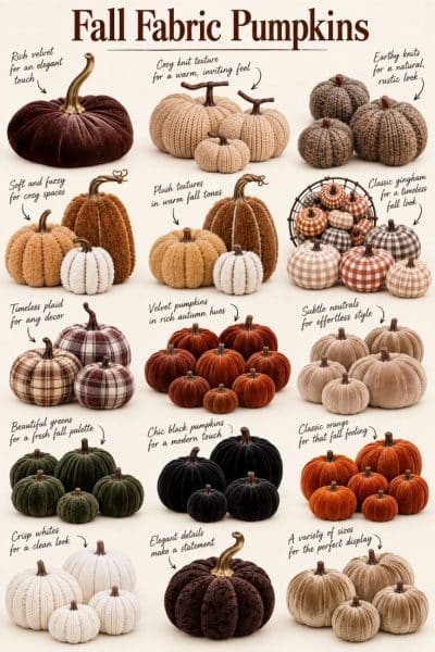 Fall Fabric Pumpkins in orange, green, black, white, brown, plaid, knit, and velvet styles for cozy autumn decorating.