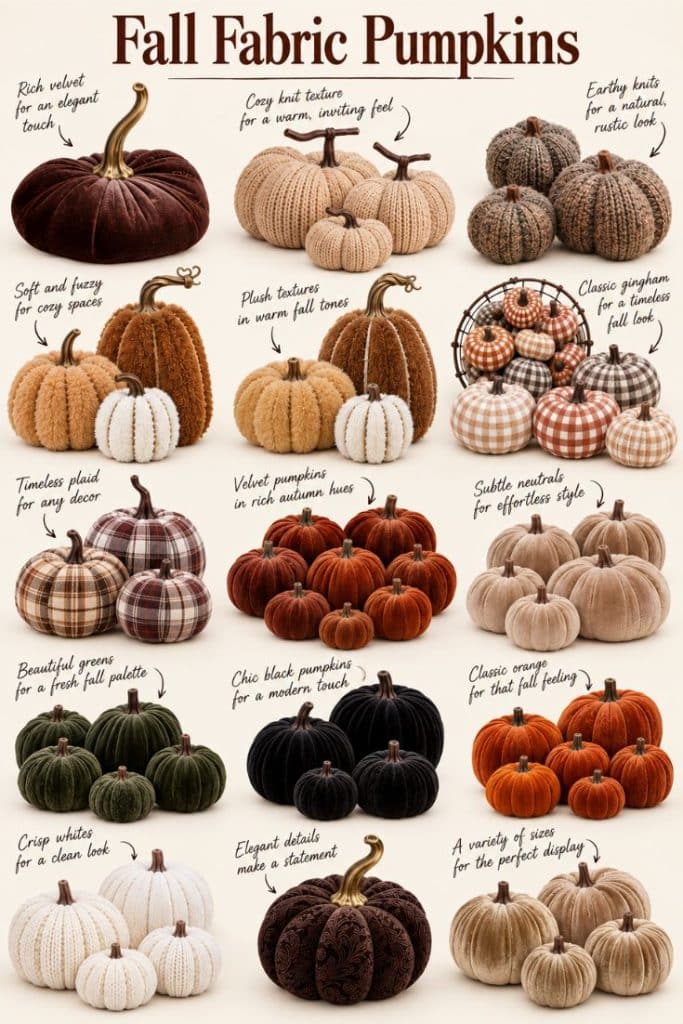 Fall Fabric Pumpkins in orange, green, black, white, brown, plaid, knit, and velvet styles for cozy autumn decorating.