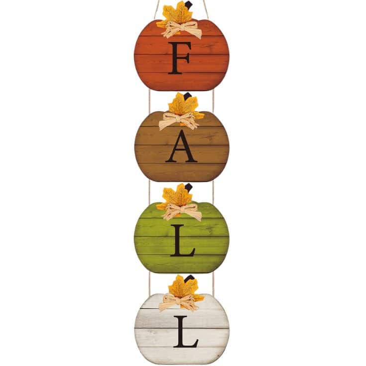Five wooden pumpkin-shaped signs in orange, brown, green, and white, each with a leaf and a letter spelling “FALL,” stacked vertically and connected by rope.