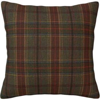 Dark green and rust red tartan plaid throw pillow with muted autumn colors.