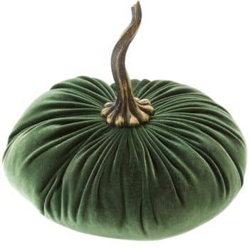 Green velvet decorative pumpkin with a long antique gold stem for fall decorating.