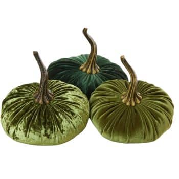Three olive and dark green velvet pumpkins with long realistic stems for elegant autumn decorating.