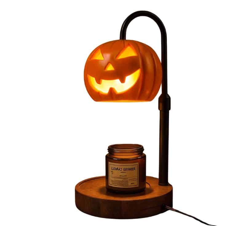 A lamp with a glowing jack-o’-lantern pumpkin shade shines over a brown glass scented candle jar, both set on a round wooden base.
