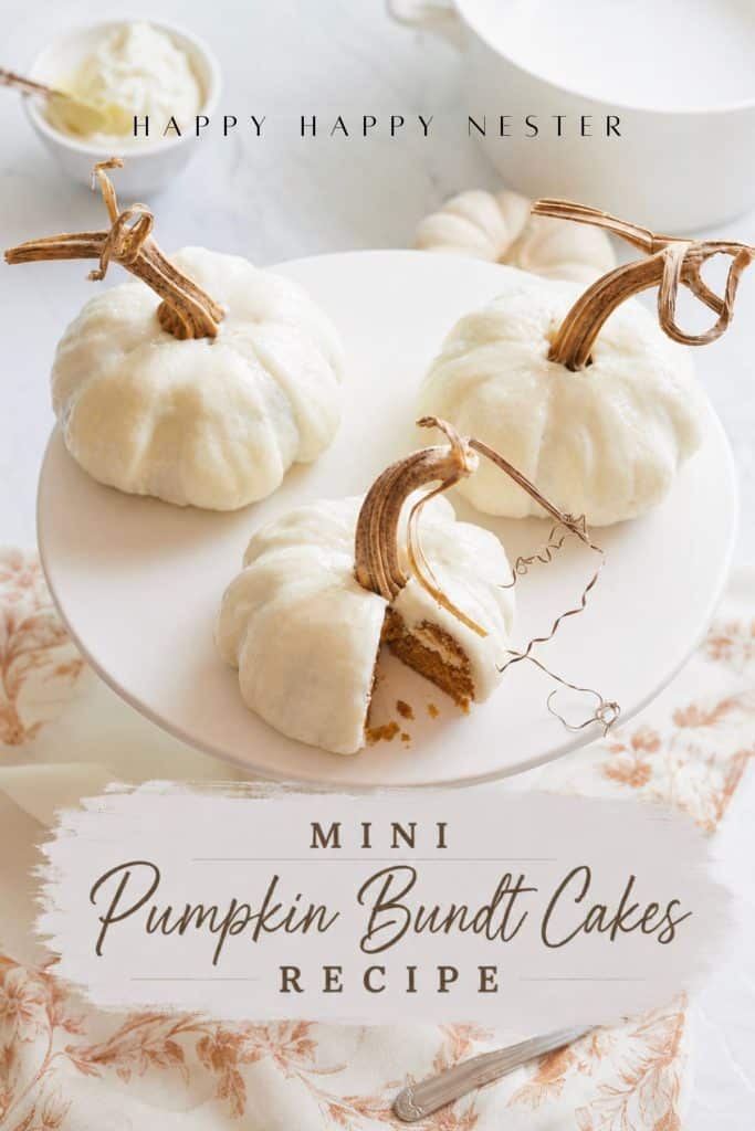 Mini pumpkin Bundt cakes shaped like pumpkins with cream cheese frosting.