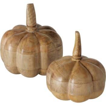 Set of two carved natural wood decorative pumpkins in different sizes.