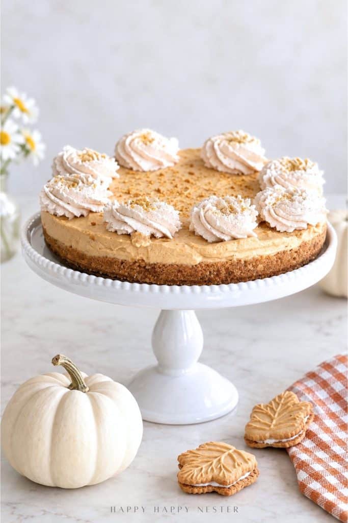 No bake pumpkin cheesecake with cinnamon whipped cream on a white cake stand with a white pumpkin and fall cookies.