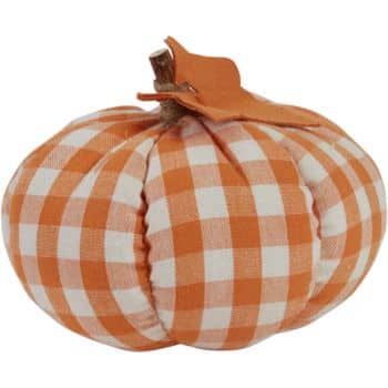 Orange and white gingham fabric pumpkin with rustic stem and leaf