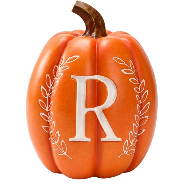An orange pumpkin with a brown stem features a large white letter “R” and a laurel leaf design on the front.