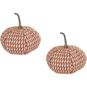Pair of orange, white, and black plaid fabric pumpkins with tall stems