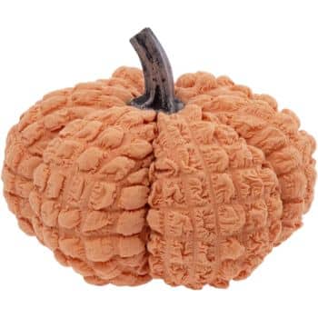 Orange textured fabric pumpkin with gathered ruffle details and dark stem
