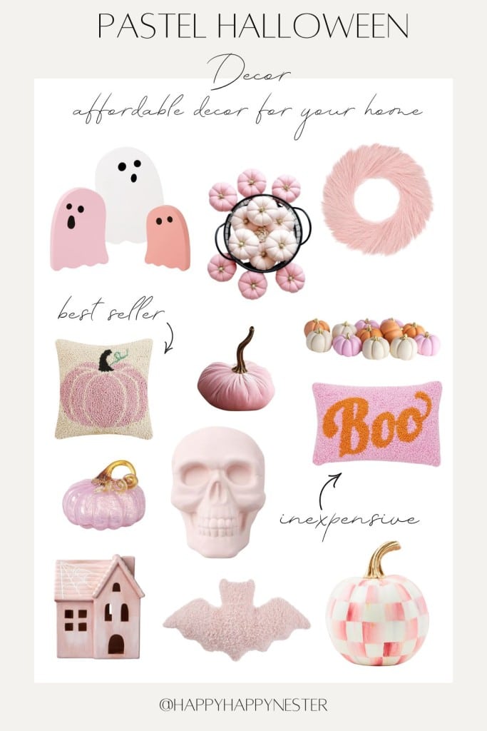 Pastel Halloween decor collection with pink ghosts, pumpkins, wreaths, pillows, a skull, bat, and haunted house.
