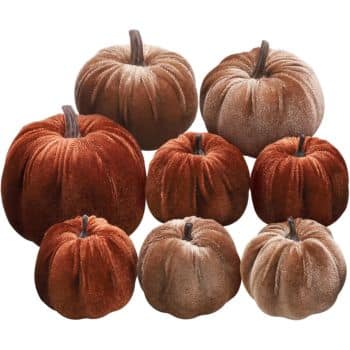 Set of eight rust orange and warm brown velvet pumpkins in assorted sizes with dark stems.