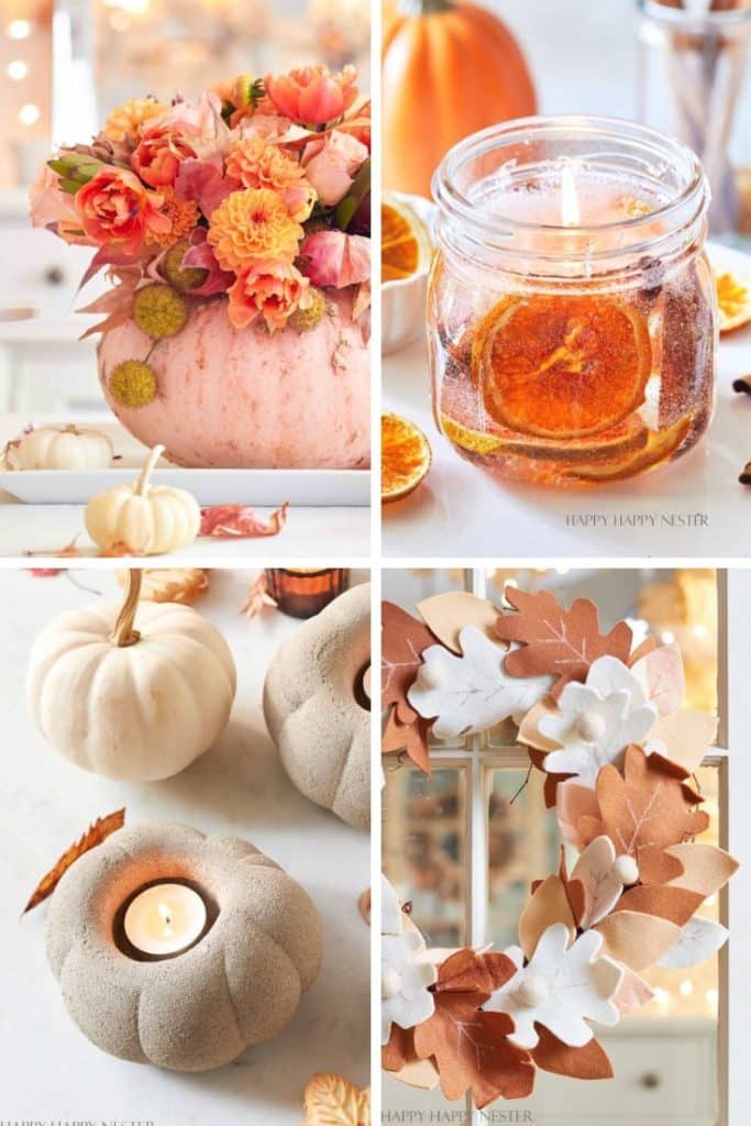 Fall craft ideas featuring a pumpkin flower arrangement, dried orange candle, pumpkin candleholder, and felt leaf wreath.