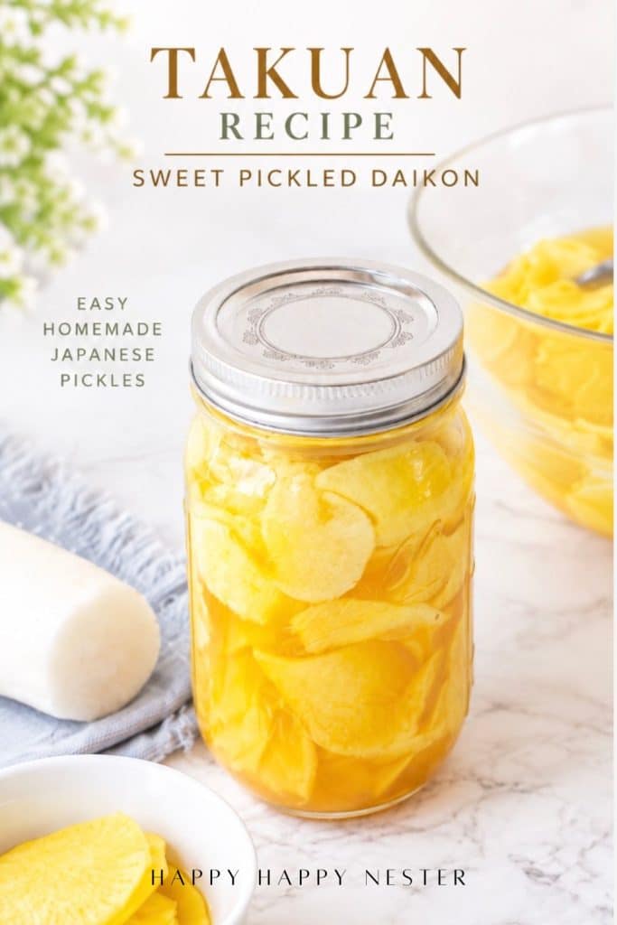 Takuan recipe with thinly sliced sweet pickled daikon in a Mason jar