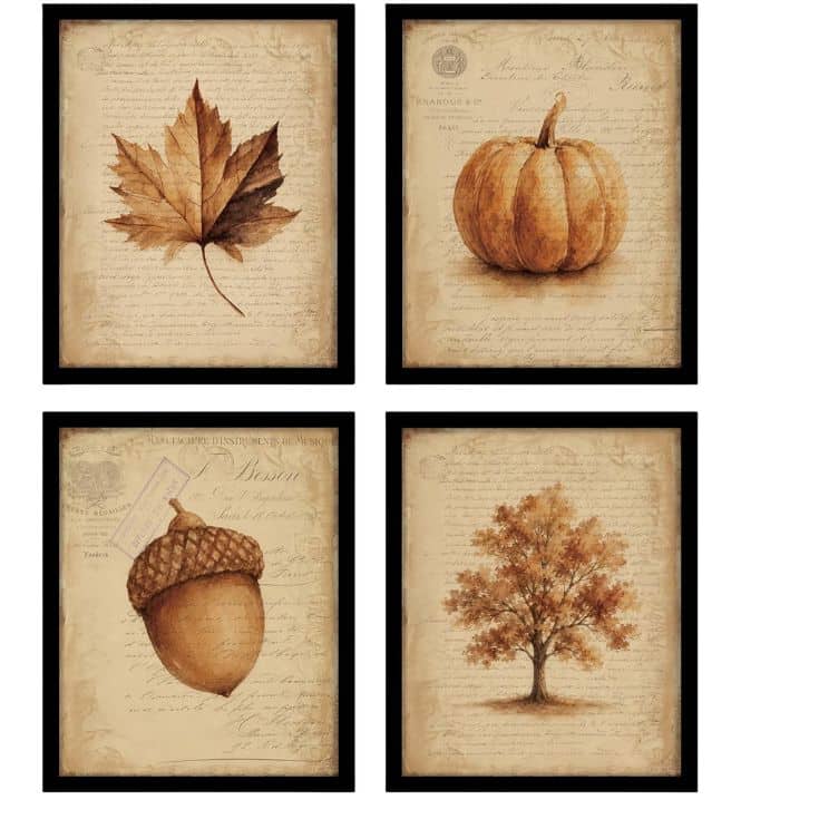 Four vintage-style framed prints: a maple leaf, a pumpkin, an acorn, and an autumn tree, each on a sepia-toned background with cursive script.