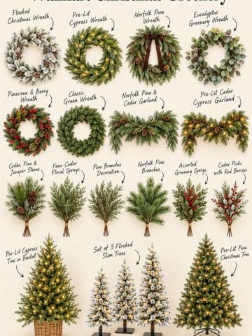 Walmart Christmas greenery featuring holiday wreaths, garlands, evergreen stems and picks, and artificial Christmas trees.