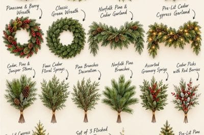 Walmart Christmas greenery featuring holiday wreaths, garlands, evergreen stems and picks, and artificial Christmas trees.