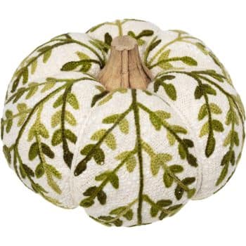 White fabric pumpkin embroidered with green leafy vines and finished with a natural wood stem.