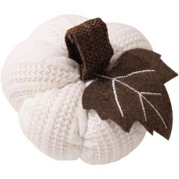 White knit fabric pumpkin with brown stem and decorative felt leaf