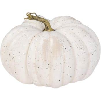 Large distressed white decorative pumpkin with a gold stem and subtle black speckled finish.