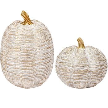 Set of two textured white decorative pumpkins with distressed gold accents and gold stems.