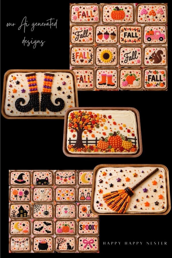 Collage of AI-generated fall sheet cake decorating ideas featuring colorful sprinkles, candy pumpkins, and autumn-inspired designs.