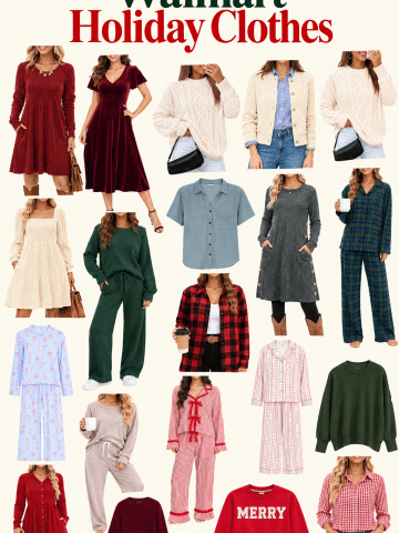 Walmart holiday clothes featuring festive Christmas dresses, cozy sweaters, cardigans, plaid pajamas, and comfortable loungewear in red, green, and neutral colors.