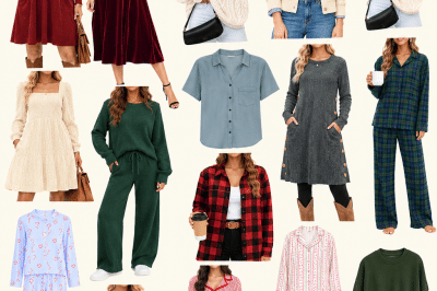 Walmart holiday clothes featuring festive Christmas dresses, cozy sweaters, cardigans, plaid pajamas, and comfortable loungewear in red, green, and neutral colors.