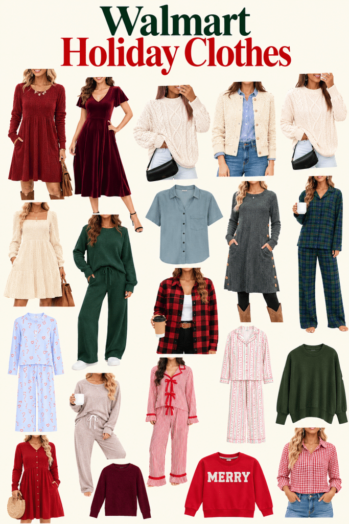 Walmart holiday clothes featuring festive Christmas dresses, cozy sweaters, cardigans, plaid pajamas, and comfortable loungewear in red, green, and neutral colors.