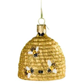 Gold beehive glass Christmas ornament decorated with tiny bees.