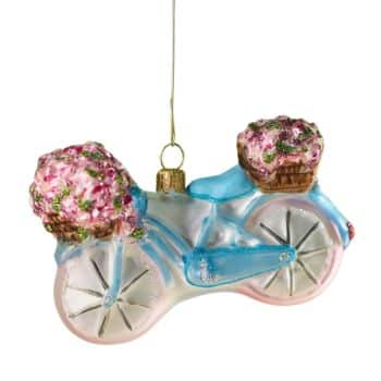 Blue bicycle glass Christmas ornament with pink flower baskets.